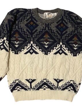 LONDON FOG Vintage Men's Cable Knit Fair Isle Sweater - Cream & Navy